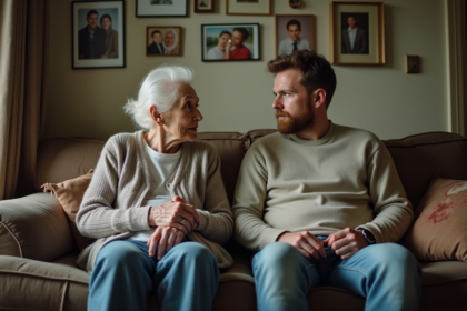 Femme âgée et jeune homme assis sur un canapé familial