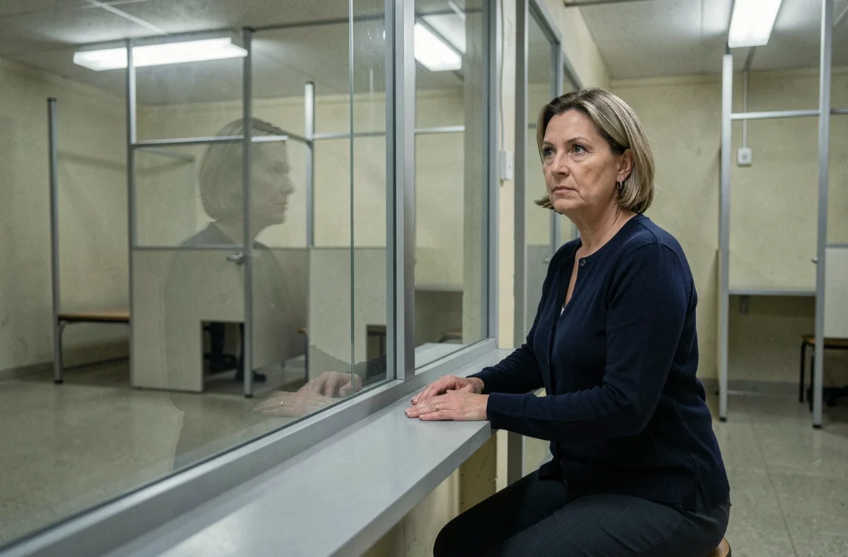 Femme en visite au parloir d'une prison, assise face à une vitre en plexiglas dans un box institutionnel