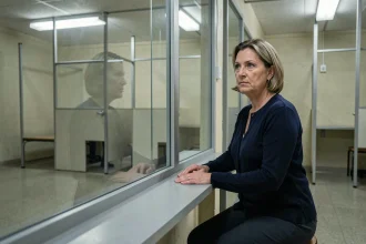Femme en visite au parloir d'une prison, assise face à une vitre en plexiglas dans un box institutionnel