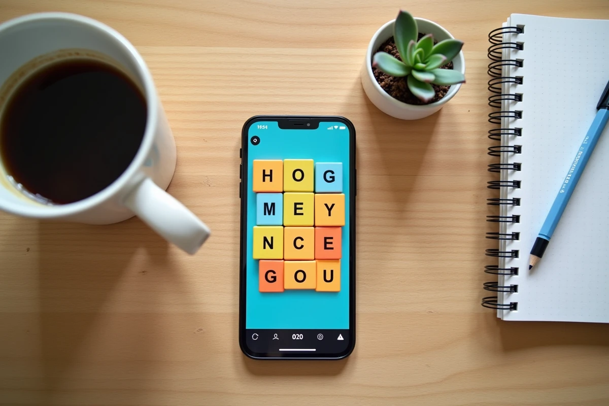 Vue aérienne d'un smartphone affichant le jeu 4 Images 1 Mot avec 9 lettres posé sur un bureau en bois