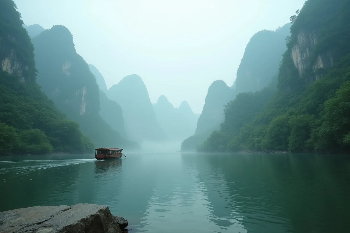 Le Yangzi Jiang traversant des gorges karstiques brumeuses avec des montagnes boisées de Chine centrale